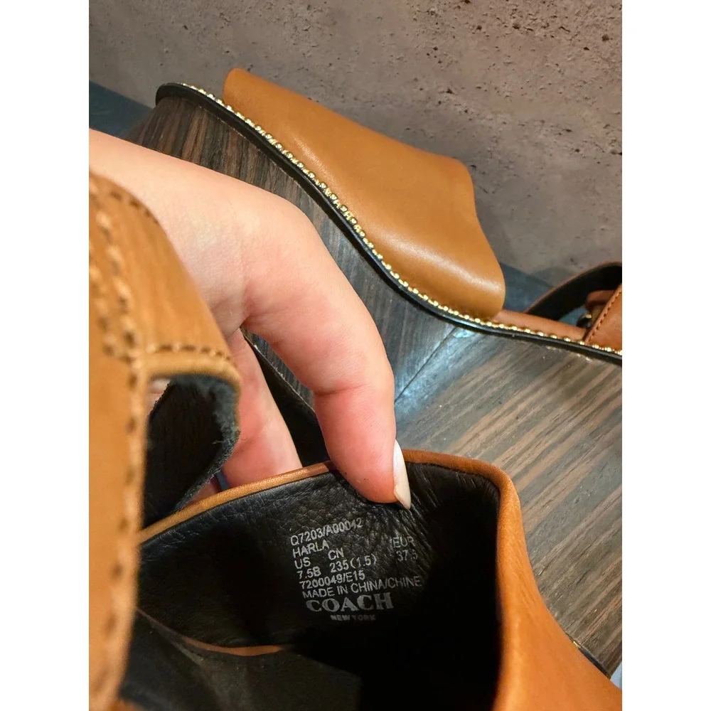 Coach Harla Tan Leather Wood Wedge Platform Sandals
